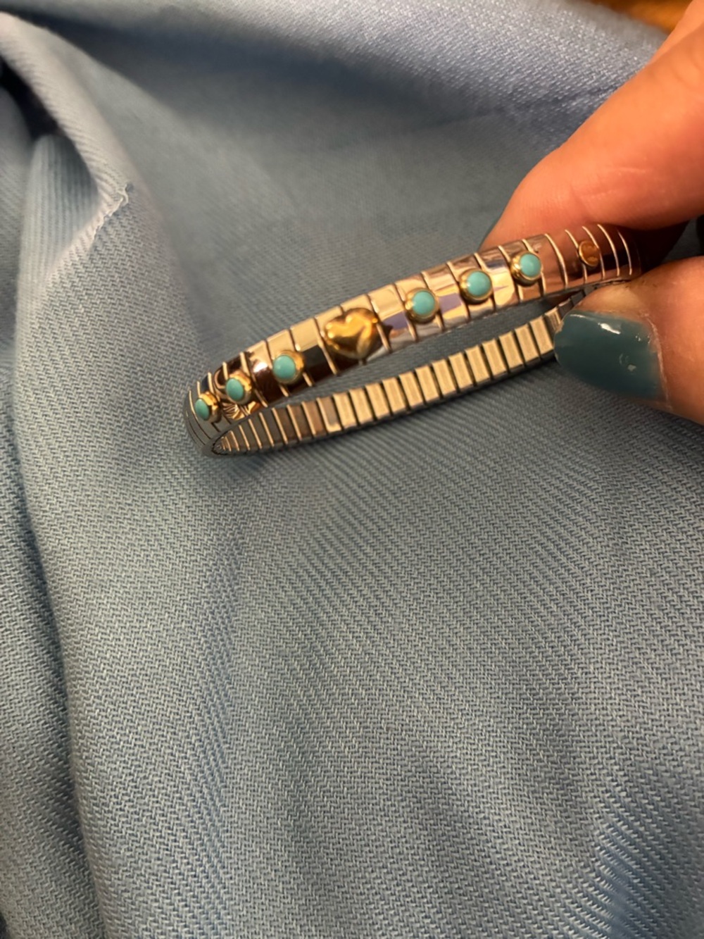 Silver Stretch Bracelet with Turquoise Accents and Gold Heart